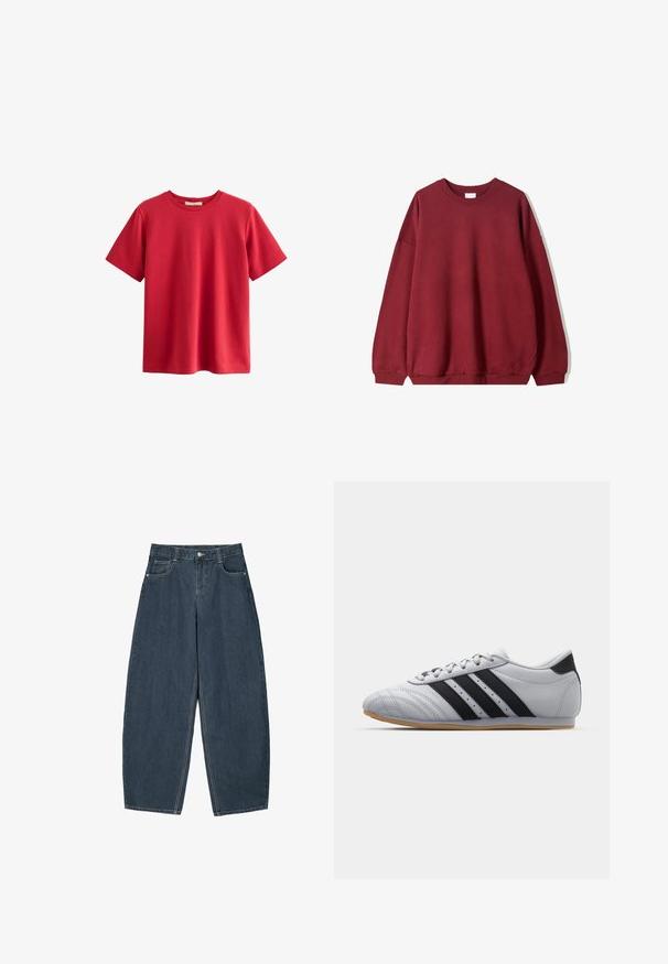 Bordeaux pulover s sproščenim krojem, s krožnim ovratnikom in spuštenimi rameni, prikazan na enobarvni beli podlagi.; Rdeča kratka majica s kratkimi rokavi iz bombaža, z okroglo ovratnikom, sproščenim krojem in gladko teksturo, brez vidnih vzorcev ali dodatkov.; Temno modri široki kavbojki z visokim pasom, z vključenih petimi žepi in vidnimi šivi. Čist, minimalističen dizajn.; Sive športne čevlje z gladko usnjeno površino, ki imajo tri črne črte, zaobljen nos in gumijast podplat v barvi gume.