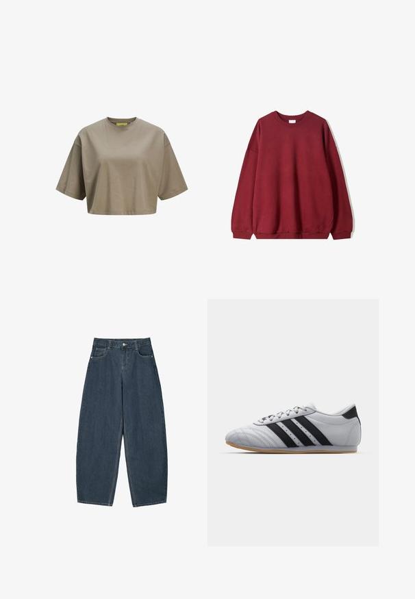 Burgundská mikina s volným střihem, s kulatým výstřihem a spadlými rameny, vystavená na jednoduchém bílém pozadí.; Hnědý zkrácený tričko vyrobené z měkké bavlny, s kulatým výstřihem a krátkými rukávy. Hladký povrch s jemnými detaily v prošívání.; Tmavě modré džíny s širokými nohavicemi a vysokým pasem, s pěti kapsami a viditelnými švy. Čistý, minimalistický design.; Šedé sportovní boty s hladkým koženým povrchem, se třemi černými pruhy, zaoblenou špičkou a gumovou podrážkou.
