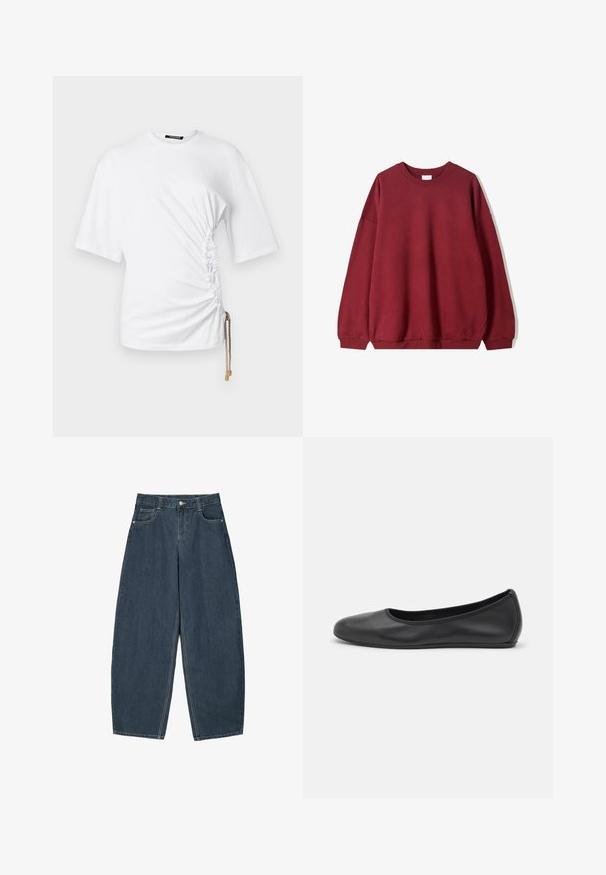 Bordeaux sweatshirt met een relaxte pasvorm, voorzien van een ronde halslijn en verlaagde schouders, weergegeven tegen een effen witte achtergrond.; Witte T-shirt met korte mouwen, zijkanten met rimpeling en een trekkoord met gouden hardware voor een verstelbare pasvorm. Soepele katoenen stof.; Donkerblauwe denim wijde broek met hoge taille, voorzien van vijf zakken en zichtbare stikseldetails. Schoon, minimaal ontwerp.; Zwarte leren ballerina met een ronde neus, gladde textuur, minimale stikdetails en een flexibele zoolontwerp.