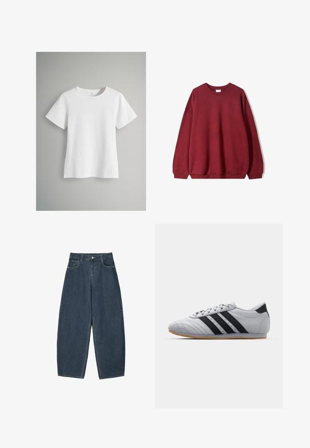 Bordeaux pulover s sproščenim krojem, s krožnim ovratnikom in spuštenimi rameni, prikazan na enobarvni beli podlagi.; Bela majica s kratkimi rokavi, izdelana iz mehke bombažne tkanine. Ima krojen ovratnik in raven kroj, z minimalnimi šivi in brez vzorcev.; Temno modri široki kavbojki z visokim pasom, z vključenih petimi žepi in vidnimi šivi. Čist, minimalističen dizajn.; Sive športne čevlje z gladko usnjeno površino, ki imajo tri črne črte, zaobljen nos in gumijast podplat v barvi gume.