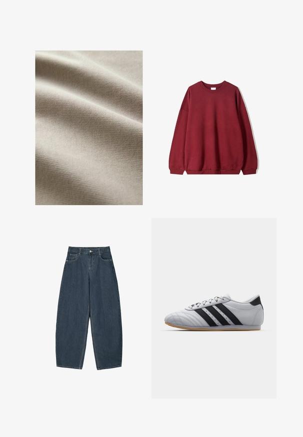 Burgundi színű, laza szabású pulóver, kerek nyakkivágással és lejjebb eső vállakkal, fehér háttér előtt bemutatva.; Beige szövet sima, textúrált felülettel, finom vízszintes vonalakkal és ráncokkal, amelyek a puhaságot és a rugalmasságot jelzik.; Sötétkék farmer széles szárú nadrág magas derékkal, öt zsebbel és látható varrási részletekkel. Tiszta, letisztult dizájn.; Szürke atlétikai cipők sima bőr felülettel, három fekete csíkkal, kerek orral és gumi talppal.