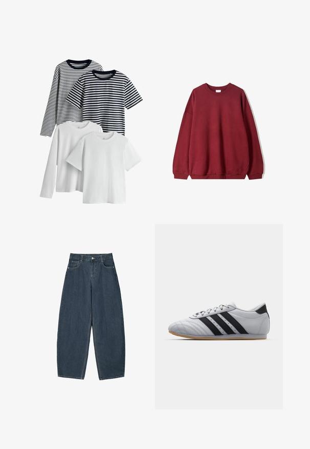 Bordeaux pulover s sproščenim krojem, s krožnim ovratnikom in spuštenimi rameni, prikazan na enobarvni beli podlagi.; Komplet štirih majic: dve beli, ena mornarsko modro z črtami in ena črno z črtami. Vse imajo kratke rokave in okrogle izreze, izdelane iz bombažne tkanine.; Temno modri široki kavbojki z visokim pasom, z vključenih petimi žepi in vidnimi šivi. Čist, minimalističen dizajn.; Sive športne čevlje z gladko usnjeno površino, ki imajo tri črne črte, zaobljen nos in gumijast podplat v barvi gume.