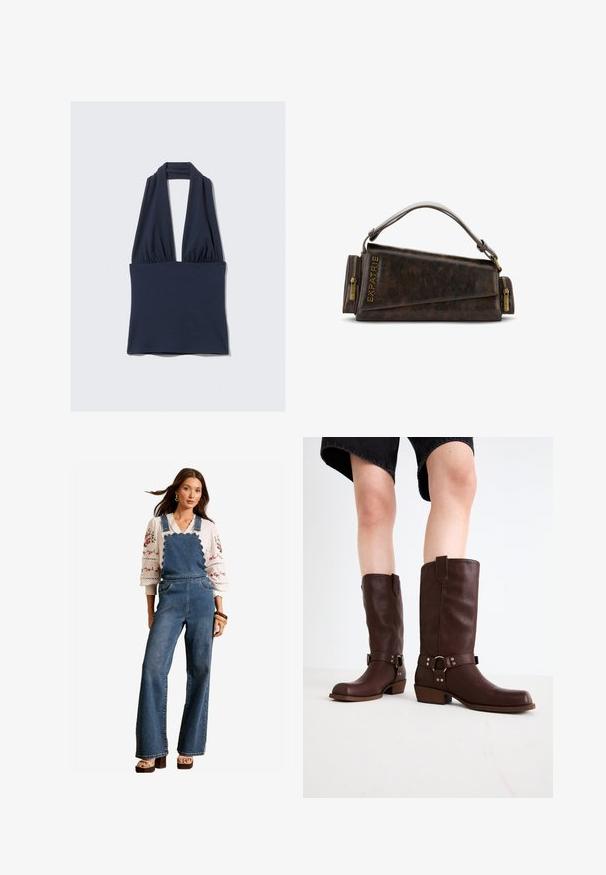 Burgunderfarbener Sweatshirt in lässigem Schnitt, mit Rundhalsausschnitt und gesenkten Schultern, vor einem schlichten weißen Hintergrund präsentiert.; Marineblaues Trägershirt aus weichem Stoff, mit einem tiefen V-Ausschnitt und gerafftem Detail an der Taille. Glatte Textur, minimale Nähte.; Jeanslatzhosen mit einem gewellten Design am Latz, ausladenden Beinen und Seitentaschen. Kombiniert mit einer weißen bestickten Bluse und Holzaccessoires.; Braune kniehohe Stiefel aus Leder mit runder Zehenform, strukturiertem Obermaterial, Knöchelriemen und silbernen Hardware-Details; mit gestapeltem Absatz.; Braune Lederhandtasche mit geometrischem Design, ausgestattet mit einem oberen Griff und Messingreißverschluss-Akzenten. Logo ist an der Seite eingeprägt.
