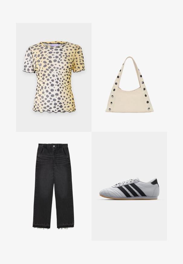 Burgundi színű, laza szabású pulóver, kerek nyakkivágással és lejjebb eső vállakkal, fehér háttér előtt bemutatva.; Rövid ujjú, sárga blúz fekete leopárdmintával, áttetsző anyagból készült, és a ujjakon és a szegélyen ívelt élek találhatók.; Fekete farmernadrág egyenes lábbal. Magas derekú, rojtos szegéllyel és finoman kopott textúrával rendelkezik. Az elülső zsebek beépítettek.; Szürke atlétikai cipők sima bőr felülettel, három fekete csíkkal, kerek orral és gumi talppal.; PULL&BEAR SHOULDER - Bevásárlótáska - beige