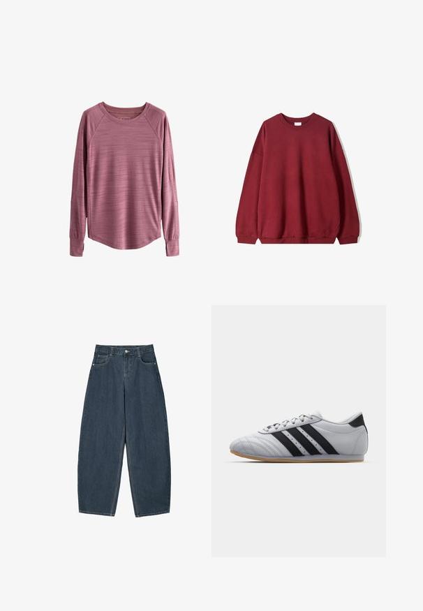 Burgundi színű, laza szabású pulóver, kerek nyakkivágással és lejjebb eső vállakkal, fehér háttér előtt bemutatva.; Hosszú ujjú felső tompa rózsaszínben, texturált anyagból készült, kerekített szegéllyel és raglán ujjakkal. Könnyű, lélegző anyaggal rendelkezik.; Sötétkék farmer széles szárú nadrág magas derékkal, öt zsebbel és látható varrási részletekkel. Tiszta, letisztult dizájn.; Szürke atlétikai cipők sima bőr felülettel, három fekete csíkkal, kerek orral és gumi talppal.