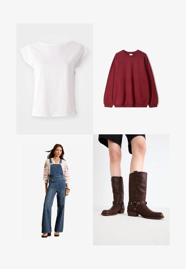 Bordová mikina s voľným strihom, s okrúhlym výstrihom a spustenými ramenami, vystavená na jednoduchom bielom pozadí.; Biela tričko s krátkym rukávom vyrobené z bavlny, s okrúhlym výstrihom a voľným strihom. Obsahuje jemný akcent loga na hrudi.; Džínové overaly s vlnitým dizajnom na prednej časti, rozšírenými nohavicami a bočnými vreckami. Skombinované s bielou vyšívanou blúzkou a drevenými doplnkami.; Hnedé kožené vysoké čižmy s okrúhlou špičkou, štruktúrovaným povrchom, opaskom okolo členka a detailmi zo strieborného kovu; s vysokým podpätkom.