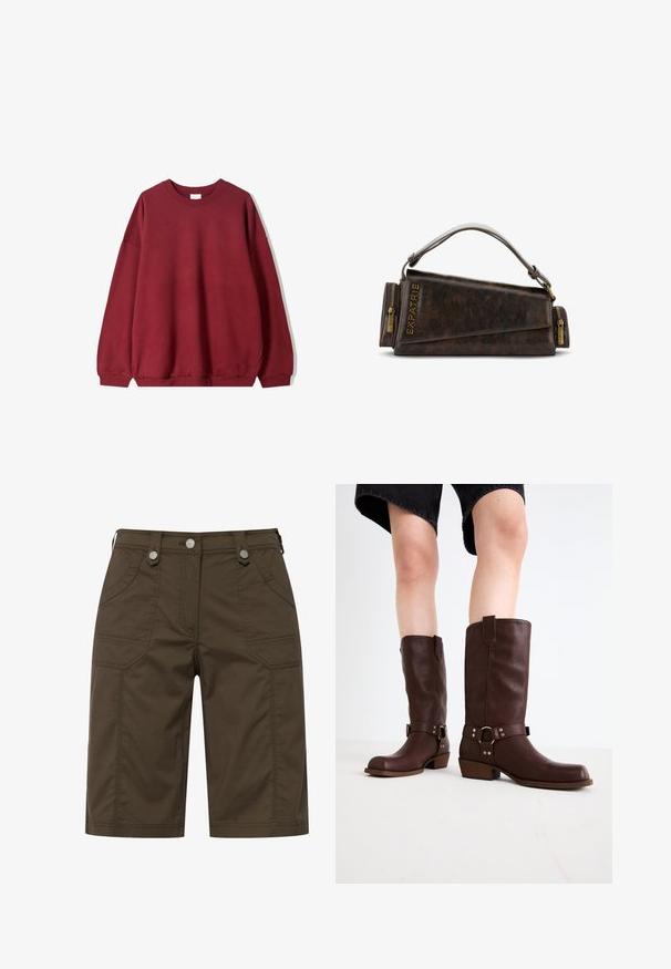 Felpa bordeaux con una vestibilità rilassata, caratterizzata da un collo rotondo e spalle scese, esposta su uno sfondo bianco semplice.; Pantaloni corte di tessuto marrone con due tasche frontali e due tasche posteriori, arricchiti da accessori in metallo argentato in vita. Design a taglio dritto.; Stivali marroni in pelle al ginocchio con punta rotonda, superficie testurizzata, cinturino alla caviglia e dettagli in metallo argentato; tacco impilato.; Borsa a mano in pelle marrone con un design geometrico, caratterizzata da un manico superiore e dettagli in ottone sulla cerniera. Logo stampato a caldo sul lato.