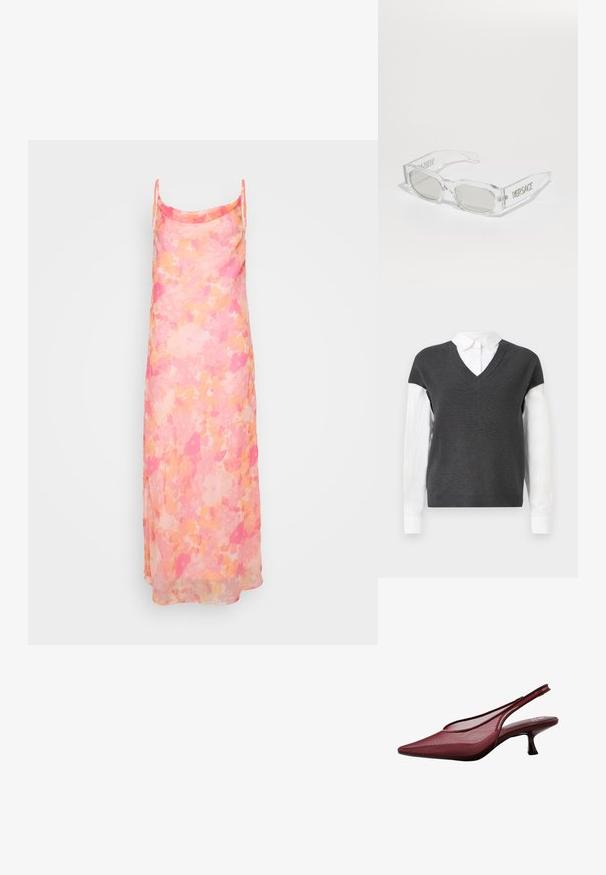 Tmavě šedý pletený svetr s výstřihem do V, má krátké rukávy přes bílou košilovou košili. Textura je žebrovaná a vypadá vrstveně.; Saténové květinové šaty v odstínech růžové a broskvové, s nastavitelnými ramínky a volným, splývavým střihem. Lehká, poloprůsvitná tkanina.; Burgundské lodičky na podpatku s špičatou špičkou a síťovaným svrškem. Mají štíhlý podpatek a vyřezávaný design, což vytváří elegantní siluetu.; Průhledné plastové sluneční brýle se šedými skly, obdélníkový tvar, vyražené logo "Versace" na spáncích, ukazující moderní design.