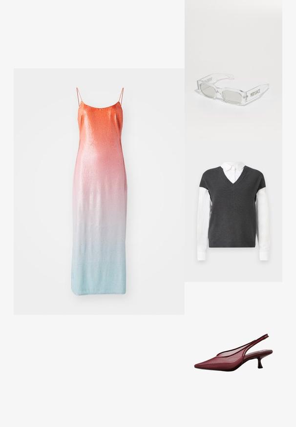 Sötétszürke kötött pulóver V-nyakkivágással, rövid ujjal, fehér, galléros ing fölött. A textúra bordázott, réteges megjelenésű.; Fekete csillogó flitterekkel díszített ujjatlan ruha, amely narancsról rózsaszínre, majd világoskékra színátmenetet mutat. Finom állítható pántokkal és testhezálló fazonnal rendelkezik.; Burgundi színű, slingback magassarkú cipők hegyes orral és hálós felsőrésszel. Karcsú sarokkal és kivágott dizájnnal rendelkezik, amely elegáns sziluettet kölcsönöz.; Átlátszó műanyag napszemüveg szürke lencsékkel, téglalap alakú, a szárakon domború "Versace" logóval, bemutatva a modern dizájnt.