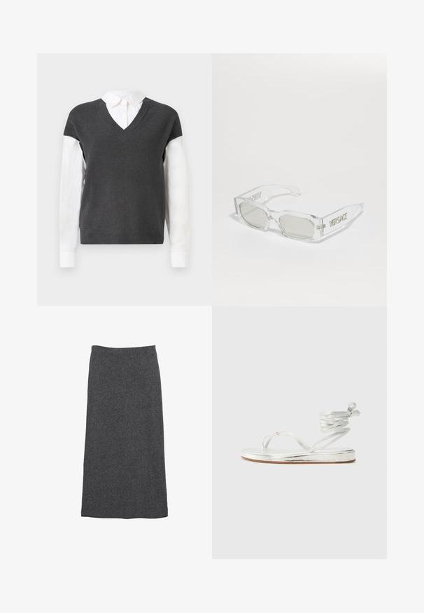 Dark gray knitted sweater with a V-neck design, featuring short sleeves over a white collared shirt. Texture is ribbed, with a layered look.; Grey wool maxi skirt with a straight cut and elastic waistband, featuring a soft texture and a smooth finish. No visible patterns or accents.; Silver metallic sandals with a thong design, an ankle wrap strap, and a flat sole featuring a textured finish.; Clear plastic sunglasses with gray lenses, rectangular shape, embossed "Versace" logo on the temples, showcasing a modern design.