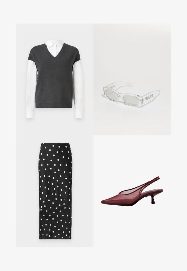 Maglione grigio scuro lavorato a maglia con scollatura a V, caratterizzato da maniche corte sopra una camicia bianca con colletto. La texture è a coste, con un aspetto stratificato.; Gonna nera a pois bianchi, realizzata in tessuto liscio. Presenta un design dritto, lunghezza al ginocchio e vita elasticizzata.; Pumps slingback bordeaux con punta affusolata e upper in rete. Presentano un tacco sottile e un design con ritagli, che conferisce un'elegante silhouette.; Occhiali da sole trasparenti in plastica con lenti grigie, forma rettangolare, logo "Versace" in rilievo sulle astine, che mostrano un design moderno.