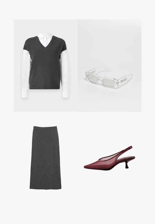 Tmavě šedý pletený svetr s výstřihem do V, má krátké rukávy přes bílou košilovou košili. Textura je žebrovaná a vypadá vrstveně.; Šedá vlněná maxi sukně se straight střihem a elastickým pasem, která se vyznačuje jemnou texturou a hladkým povrchem. Žádné viditelné vzory ani akcenty.; Burgundské lodičky na podpatku s špičatou špičkou a síťovaným svrškem. Mají štíhlý podpatek a vyřezávaný design, což vytváří elegantní siluetu.; Průhledné plastové sluneční brýle se šedými skly, obdélníkový tvar, vyražené logo "Versace" na spáncích, ukazující moderní design.