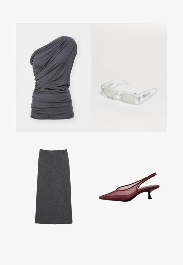 Mörkgrå stickad tröja med V-hals, med korta ärmar över en vit skjortkrage. Texturen är ribbad, med en lagerlook.; Mörkgrå topp med en axel, tillverkad av mjukt tyg. Har en samlad struktur och draperad design för en figurnära silhuett.; Grå ull maxikjol med rak skärning och elastisk midja, med en mjuk textur och en slät yta. Inga synliga mönster eller detaljer.; Burgundy slingback-pumps med spetsig tå och överdel i mesh. Har en smal klack och skärmdesign som ger en elegant silhuett.; Klart plastsolglasögon med grå linser, rektangulär form, präglad "Versace"-logotyp på skalmarna, som visar en modern design.