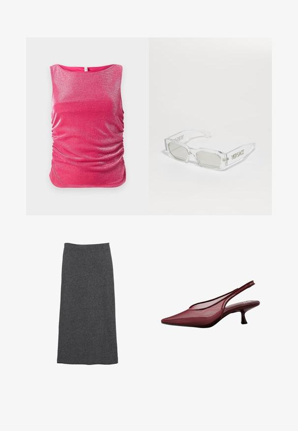 Tummanharmaa neulepusero, jossa on V-päinen muotoilu, lyhyet hihat ja valkoinen kauluspaita alla. Kankaan pinta on ribbikuvioinen, ja se luo kerroksellisen vaikutelman.; Fuksia ilmanhihainen toppi, jossa on kimalteleva pinta, sivuilla on rypytystä ja pyöreä kaula-aukko. Sujuva kangaspinta.; Harmaa villa-maksihame, jossa on suora leikkaus ja joustava vyötärö, joka tarjoaa pehmeän tekstuurin ja sileän viimeistelyn. Ei näkyviä kuvioita tai korostuksia.; Bordeaux slingback pompa dengan ujung runcing dan bagian atas jala. Fitur tumit ramping dan desain potongan, memberikan siluet yang elegan.; Sunglasses läpinäkyvästä muovista, harmaan sävyisillä linsseillä, suorakulmaisen muotoiset, kohokuvioitu "Versace" -logo templessa, esittelee modernia muotoilua.