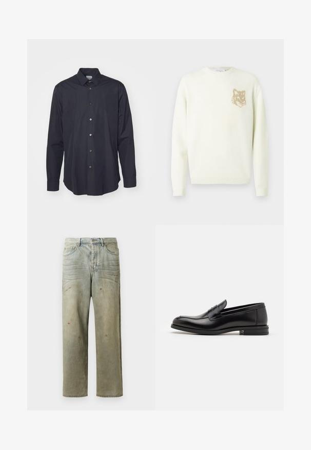 Maglione crema a girocollo con maniche lunghe e piccola grafica di testa di volpe beige a sinistra sul petto, polsini e orlo a costine.; Camicia a maniche lunghe blu scuro con bottoni, realizzata in tessuto morbido, dotata di colletto classico e cinque bottoni frontali, con colori dei bottoni a contrasto.; Jeans in denim strappato di colore verde chiaro, con gamba dritta, design a cinque tasche, sbiaditure irregolari e schizzi di vernice.; Mocassini neri in pelle con una texture liscia, punta arrotondata e una striscia decorativa sulla tomaia. Tacco basso impilato, design minimalista.