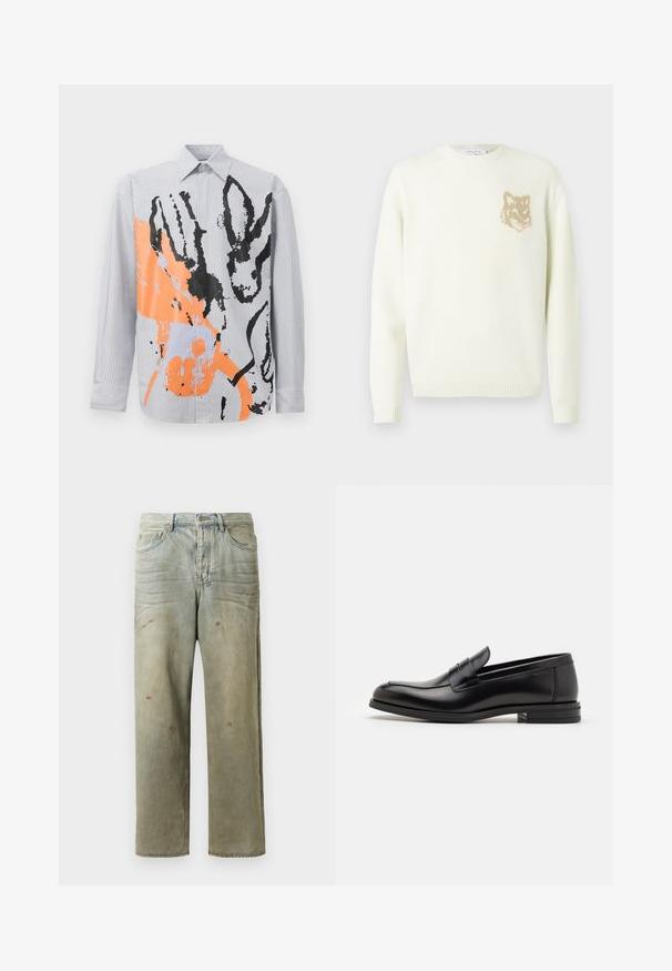 Crème kleur crewneck trui met lange mouwen en een kleine beige voskop-graphic op de linkerkant van de borst, met ribgebreide manchetten en zoom.; Gestreepte overhemd met een abstract oranje en zwarte design met dieromtrekken en hedendaagse penseelstreekaccenten.; Verweerde denim jeans in lichtgroen, met een rechte pijp, vijf-pocket ontwerp en ongelijkmatige vervaging met verfspatten.; Zwarte leren instappers met een gladde textuur, ronde neus en een decoratieve band over de wreef. Lage, gestapelde hak en minimalistisch ontwerp.