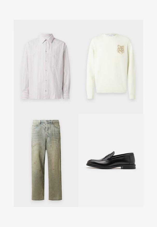 Kremowy sweter z okrągłym dekoltem, z długimi rękawami oraz małą grafiką beżowej głowy lisa po lewej stronie klatki piersiowej, z ribbowanymi mankietami i dołem.; Biała koszula z długim rękawem i cienkimi różowymi pionowymi paskami, z kołnierzykiem typu pointed, jedną kieszenią na piersi i zaokrąglonym dołem.; Zniszczone dżinsy w jasnym zielonym kolorze, z prostymi nogawkami, pięcioma kieszeniami oraz nierównomiernym blaknięciem i plamami farby.; Czarne skórzane mokasyny o gładkiej fakturze, zaokrąglonym nosku i dekoracyjnym pasku na przodzie. Niski, warstwowy obcas, minimalistyczny design.