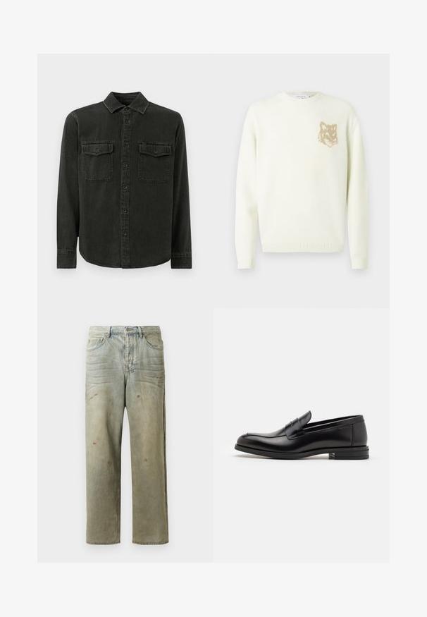 Cream crewneck sweater with long sleeves and small beige fox head graphic on the left chest, ribbed cuffs and hem.; Dark green button-up shirt made of soft fabric, featuring a collar, two chest pockets, long sleeves, and a straight hem.; Distressed denim jeans in light green, featuring a straight leg, five-pocket design, and uneven fading with paint splatters.; Black leather loafers with a smooth texture, rounded toe, and a decorative strap across the vamp. Low stacked heel, minimalist design.