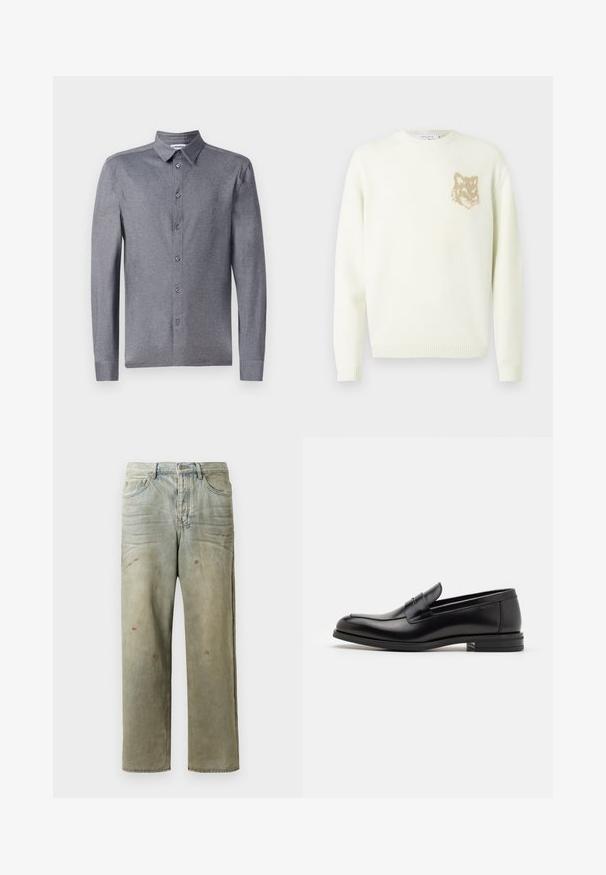 Maglione crema a girocollo con maniche lunghe e piccola grafica di testa di volpe beige a sinistra sul petto, polsini e orlo a costine.; Camicia grigia a maniche lunghe con colletto classico, realizzata in un tessuto leggero e testurizzato, dotata di sei bottoni frontali.; Jeans in denim strappato di colore verde chiaro, con gamba dritta, design a cinque tasche, sbiaditure irregolari e schizzi di vernice.; Mocassini neri in pelle con una texture liscia, punta arrotondata e una striscia decorativa sulla tomaia. Tacco basso impilato, design minimalista.