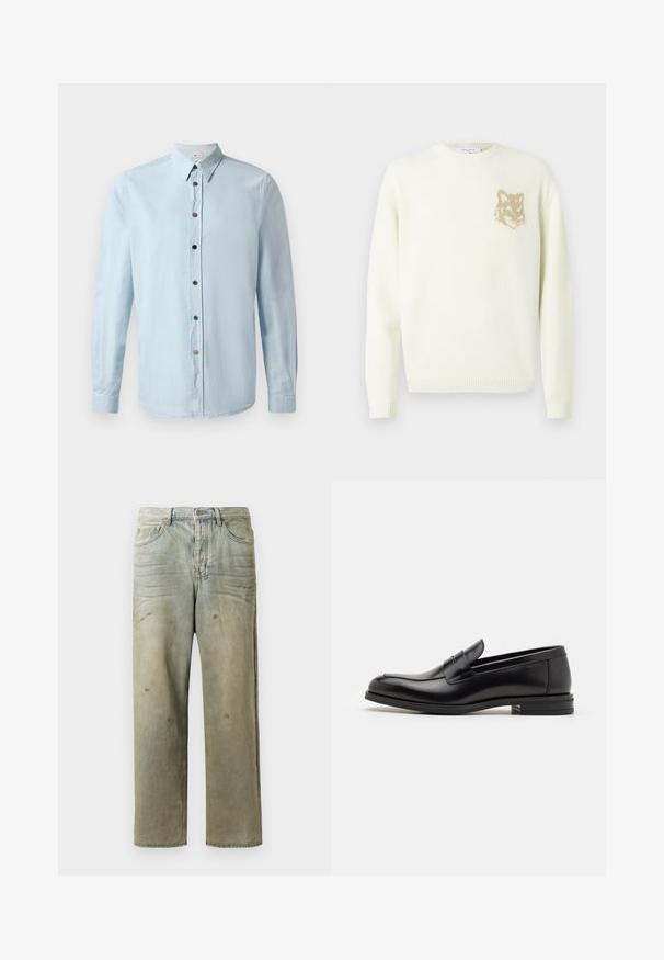 Suéter de cuello redondo crema con mangas largas y un pequeño gráfico de cabeza de zorro beige en el lado izquierdo del pecho, puños y dobladillo acanalados.; Camisa de manga larga azul claro hecha de una tela suave con un cierre de botones en la parte delantera, que presenta botones multicolores y un cuello puntiagudo.; Jeans de mezclilla desgastados en verde claro, con corte recto, diseño de cinco bolsillos y decoloración desigual con manchas de pintura.; Mocasines de cuero negro con una textura suave, puntera redondeada y una tira decorativa en el empeine. Tacón bajo apilado, diseño minimalista.