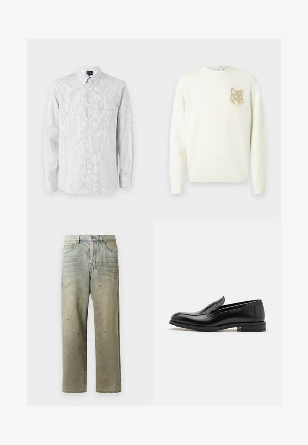 Kreemist värvi ümarakaelusega sviiter pika varrukaga, vasakul rinnal väikese beeži rebasespea graafikuga, soonikkoes varrukate ja äärtega.; Triibuline nööbiga särk, valge ja tumesinine, valmistatud kerge kangaga. Omab kraed, pikki varrukaid ja rinnaTaskut.; Karmiinroheline kulunud denim teksapüksid, millel on sirge jalg, viie taskuga disain ning ebaühtlane pleekimine koos värvikrõpsudega.; Mustad mustad nahast loafers sileda tekstuuriga, ümarat ninaosa ja dekoratiivne riba vampi üle. Madal kihiline konts, minimalistlik disain.