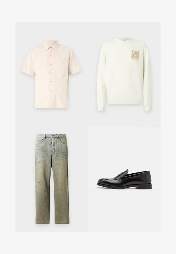 Kerman kauluspaita, jossa on pitkät hihat ja pieni beige fox-pääkuva vasemmassa rinnassa, ribbaatut hihansuut ja helma.; Vaaleanbeige lyhythihainen nappipaita, joka on valmistettu teksturoidusta kankaasta, ja siinä on klassinen kaulus sekä kuusi vaaleaa nappia.; Vaaleanvihreät kulutetut farkut suoran lahkeen, viiden taskun muotoilun ja epätasaisen haalistumisen sekä maalikohoumiin kanssa.; Mustat nahkakengät, joissa on sileä pinta, pyöreä kärki ja koristeellinen nauha jalkapöydän yli. Matala pinoitu koroke, minimalistinen muotoilu.