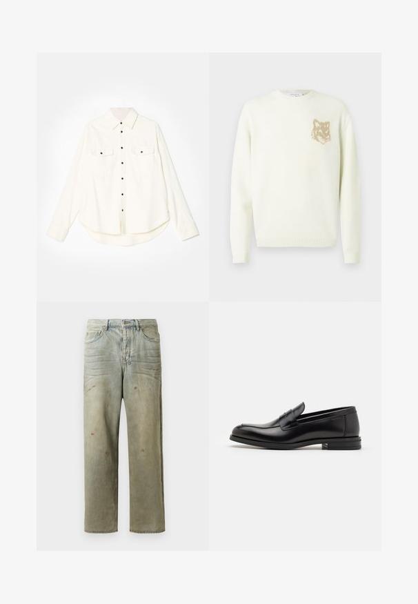 Cream crewneck sweater with long sleeves and small beige fox head graphic on the left chest, ribbed cuffs and hem.; White button-up shirt with long sleeves, two chest pockets, black buttons, and a curved hemline. Made from a soft, textured fabric.; Distressed denim jeans in light green, featuring a straight leg, five-pocket design, and uneven fading with paint splatters.; Black leather loafers with a smooth texture, rounded toe, and a decorative strap across the vamp. Low stacked heel, minimalist design.