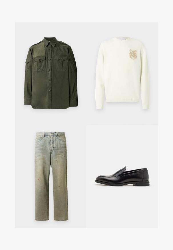 Pull à col rond crème avec manches longues et petite tête de renard beige sur la poitrine gauche, poignets et ourlet côtelés.; Chemise olive, à manches longues, en coton. Avec un devant à boutons, deux poches poitrine et épaulettes. Texture lisse.; T-shirt noir à manches courtes, col rond, avec un petit logo de renard orange brodé sur la poche gauche.; Jeans en denim déchiré de couleur vert clair, avec une coupe droite, un design à cinq poches et un délavage inégal agrémenté de taches de peinture.; Mocassins en cuir noir avec une texture lisse, bout rond et une sangle décorative sur le dessus. Talon bas empilé, design minimaliste.