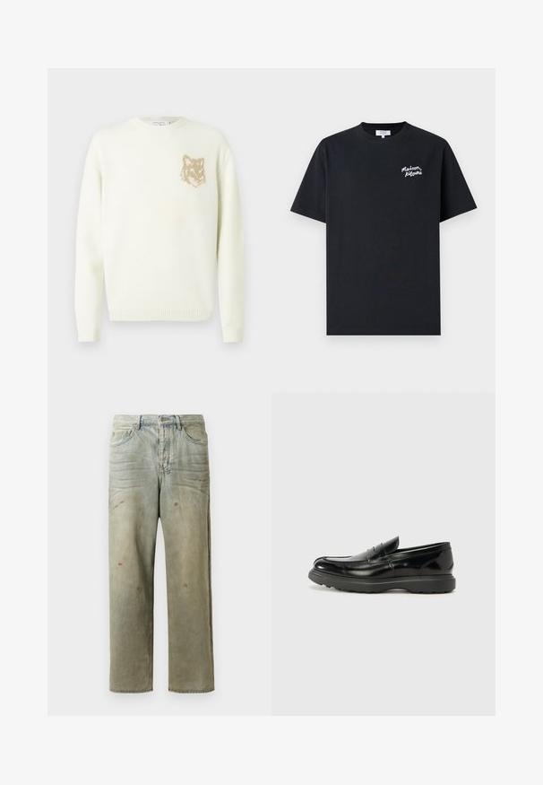 Kreemist värvi ümarakaelusega sviiter pika varrukaga, vasakul rinnal väikese beeži rebasespea graafikuga, soonikkoes varrukate ja äärtega.; Must musta T-särk ümmarguse kaelusega. Vasakul rinnal on valge käsitsi kirjutatud brändi logo. Lühikesed varrukad, normaalne lõige.; Karmiinroheline kulunud denim teksapüksid, millel on sirge jalg, viie taskuga disain ning ebaühtlane pleekimine koos värvikrõpsudega.; Must musta nahk loafer läikiva viimistlusega, ümar varvas, delikaatsed õmblusdetailid ja paks kummist tallad vastupidavuse tagamiseks.