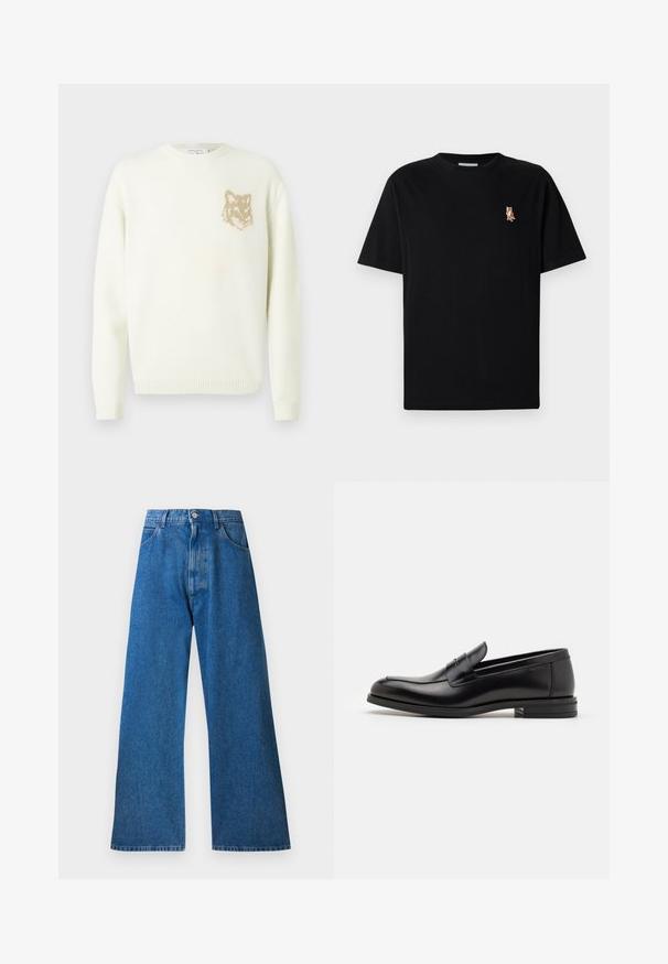 Cream crewneck sweater with long sleeves and small beige fox head graphic on the left chest, ribbed cuffs and hem.; Black short-sleeve crew neck t-shirt with small embroidered orange fox logo on left chest.; Blue denim wide-leg jeans with a high waist, five pockets, metal button closure, and subtle whiskering on the front. Smooth texture.; Black leather loafers with a smooth texture, rounded toe, and a decorative strap across the vamp. Low stacked heel, minimalist design.
