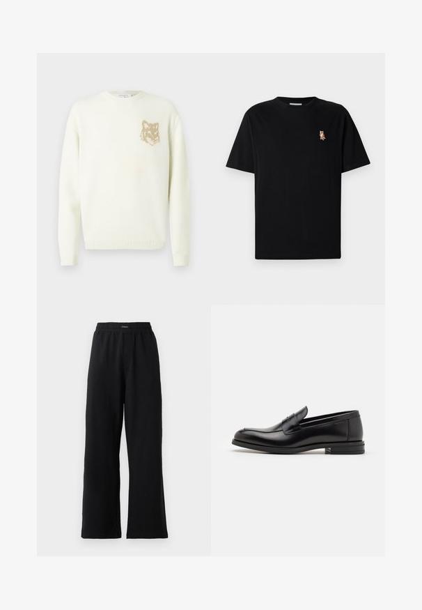 Kerman kauluspaita, jossa on pitkät hihat ja pieni beige fox-pääkuva vasemmassa rinnassa, ribbaatut hihansuut ja helma.; Mustat lyhythihaiset pyöreäkauluksiset t-paidat, joissa on pieni brodeerattu oranssi kettu-logo vasemmassa rinnassa.; Mustikkaharmaat verkkarit, jotka on valmistettu pehmeästä kankaasta. Niissä on joustava vyötärö, suora lahkeen malli, eikä näkyviä kuvioita tai yksityiskohtia.; Mustat nahkakengät, joissa on sileä pinta, pyöreä kärki ja koristeellinen nauha jalkapöydän yli. Matala pinoitu koroke, minimalistinen muotoilu.