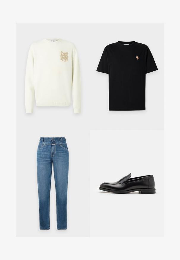Cremfarbener Pullover mit Rundhalsausschnitt, langen Ärmeln und kleinem, beigen Fuchskopf-Graphic auf der linken Brust, gerippte Bündchen und Saum.; Schwarzes Kurzarm-T-Shirt mit Rundhalsausschnitt und kleinem gesticktem orangen Fuchs-Logo auf der linken Brust.; Blaue hochgeschnittene geradlinige Jeans mit vorderen Taschen, Gürtelschlaufen, Knopfverschluss und dezenten Ausbleichungen.; Schwarze Lederloafers mit glatter Textur, rundem Zehenbereich und einem dekorativen Riemen über dem Vorderfuß. Niedriger, gestapelter Absatz, minimalistisches Design.