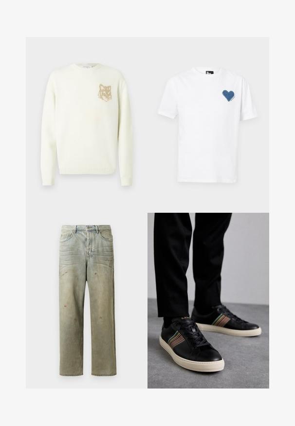 Kremkrāsas džemperis ar garām piedurknēm un mazu beigu brūnu lāču galvas grafiku kreisajā krūtīs, ribotām piedurknēm un apakšmalu.; Baltas kokvilnas T-krekls ar zila džinsa sirdīšu aplikāciju kreisajā krūtī. Īsas piedurknes un klasiskā apaļā izgriezuma forma.; Izsistās džinsās gaisā zaļā krāsā, ar taisnu kāju, piecu kabatu dizainu un nevienmērīgu izbalēšanu, kā arī krāsas šļakatas.; Melni ādas sporta apavi ar daudzkrāsainām svītrām, apaļa purngala forma, balti gumijas zole, ar aukliņu aizdari un ieplestu logo.