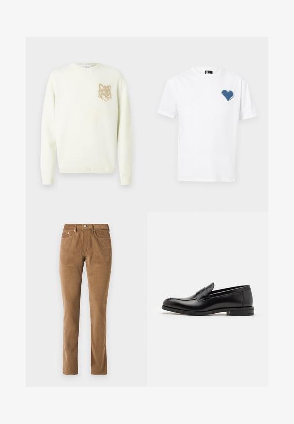 Grietos spalvos megztinis su ilgomis rankovėmis ir mažo smėlio šviesumo lapės galvos grafika ant kairiojo krūtinės, su raibais rankogaliais ir apatine dalimi.; Balta medvilnės marškinėliai su mėlynos džinsinio audinio širdies aplikacija kairėje krūtinės pusėje. Trumpomis rankovėmis ir klasikiniu apvaliu kaklu.; Rudos kordūrinis kelnes su pritaikytu siluetu, turinčios penkias kišenes, mygtuko uždarymą ir siuvinėjimus prie siūlių.; Juodos odinės loafers, turinčios lygų paviršių, apvalią noselę ir dekoratyvinę juostą per priekinę dalį. Žemas krentantis kulnas, minimalistinis dizainas.