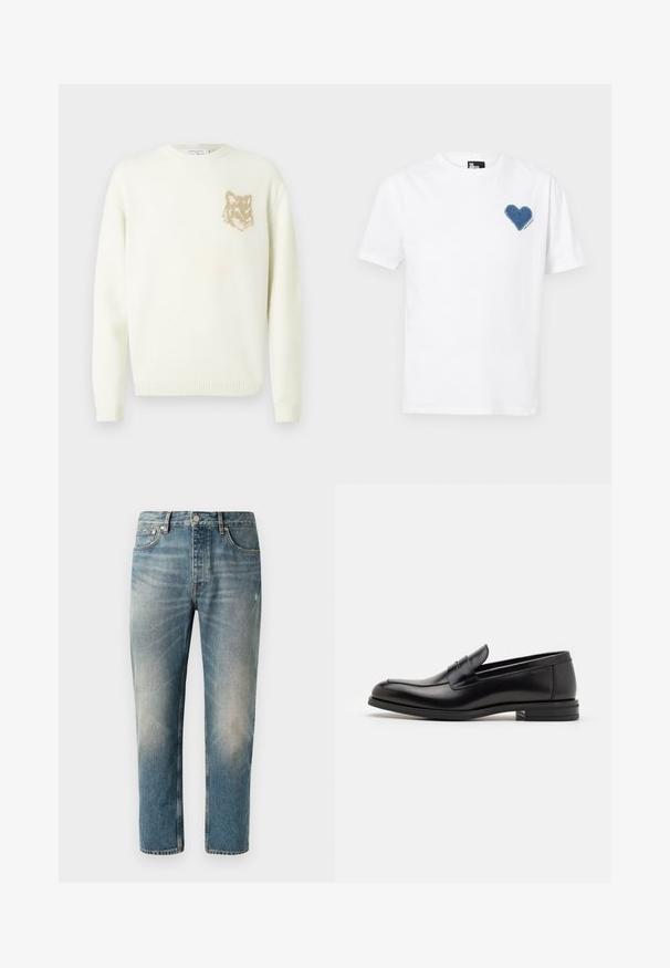 Kremkrāsas džemperis ar garām piedurknēm un mazu beigu brūnu lāču galvas grafiku kreisajā krūtīs, ribotām piedurknēm un apakšmalu.; Baltas kokvilnas T-krekls ar zila džinsa sirdīšu aplikāciju kreisajā krūtī. Īsas piedurknes un klasiskā apaļā izgriezuma forma.; Gai zila džinsu bikses ar taisnu griezumu. Satur pogu aizdari, piecus kabatas un maigus izbalinājumus un saskrāpējumus augšstilbos.; Melnas ādas kurpes ar gludu tekstūru, noapaļu purngalu un dekoratīvu siksniņu pāri priekšpusei. Zems sakrauts papēdis, minimālisma dizains.