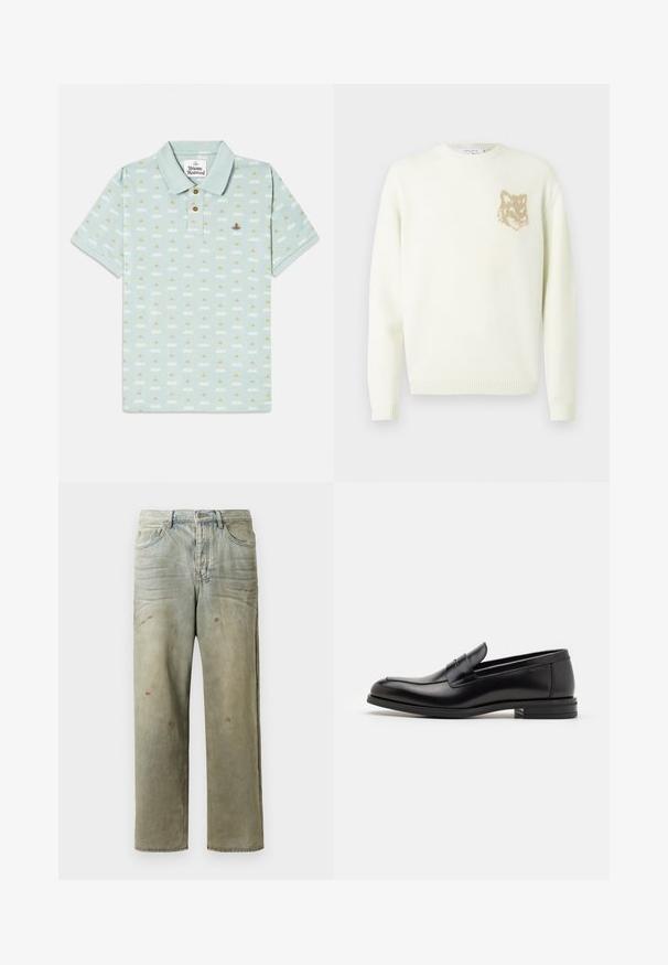 Cream crewneck sweater with long sleeves and small beige fox head graphic on the left chest, ribbed cuffs and hem.; Light blue polo shirt with a collar, made of textured fabric; features a repeated pattern of small gold and white designs, with logo accent.; Distressed denim jeans in light green, featuring a straight leg, five-pocket design, and uneven fading with paint splatters.; Black leather loafers with a smooth texture, rounded toe, and a decorative strap across the vamp. Low stacked heel, minimalist design.