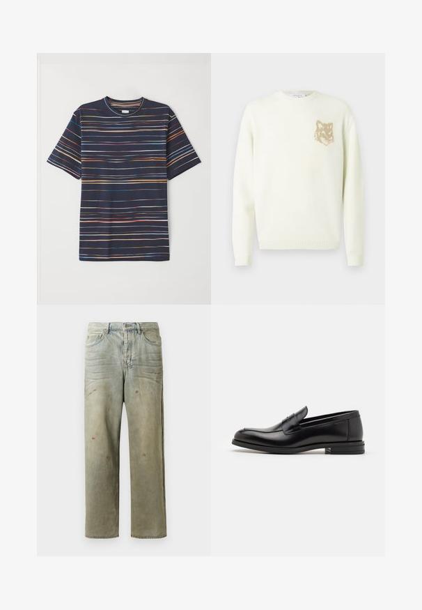 Suéter de cuello redondo crema con mangas largas y un pequeño gráfico de cabeza de zorro beige en el lado izquierdo del pecho, puños y dobladillo acanalados.; Camiseta de manga corta azul marino con rayas horizontales en varios colores, cuello redondo, tejido suave y ajuste relajado.; Jeans de mezclilla desgastados en verde claro, con corte recto, diseño de cinco bolsillos y decoloración desigual con manchas de pintura.; Mocasines de cuero negro con una textura suave, puntera redondeada y una tira decorativa en el empeine. Tacón bajo apilado, diseño minimalista.