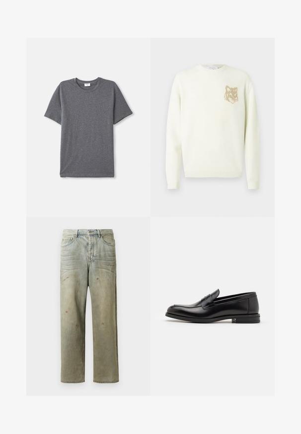 Kerman kauluspaita, jossa on pitkät hihat ja pieni beige fox-pääkuva vasemmassa rinnassa, ribbaatut hihansuut ja helma.; Harmaa lyhythihainen t-paita, joka on valmistettu pehmeästä ja sileästä kankaasta. Klassinen pyöreä kaula-aukko, rento malli ilman näyttäviä yksityiskohtia.; Vaaleanvihreät kulutetut farkut suoran lahkeen, viiden taskun muotoilun ja epätasaisen haalistumisen sekä maalikohoumiin kanssa.; Mustat nahkakengät, joissa on sileä pinta, pyöreä kärki ja koristeellinen nauha jalkapöydän yli. Matala pinoitu koroke, minimalistinen muotoilu.