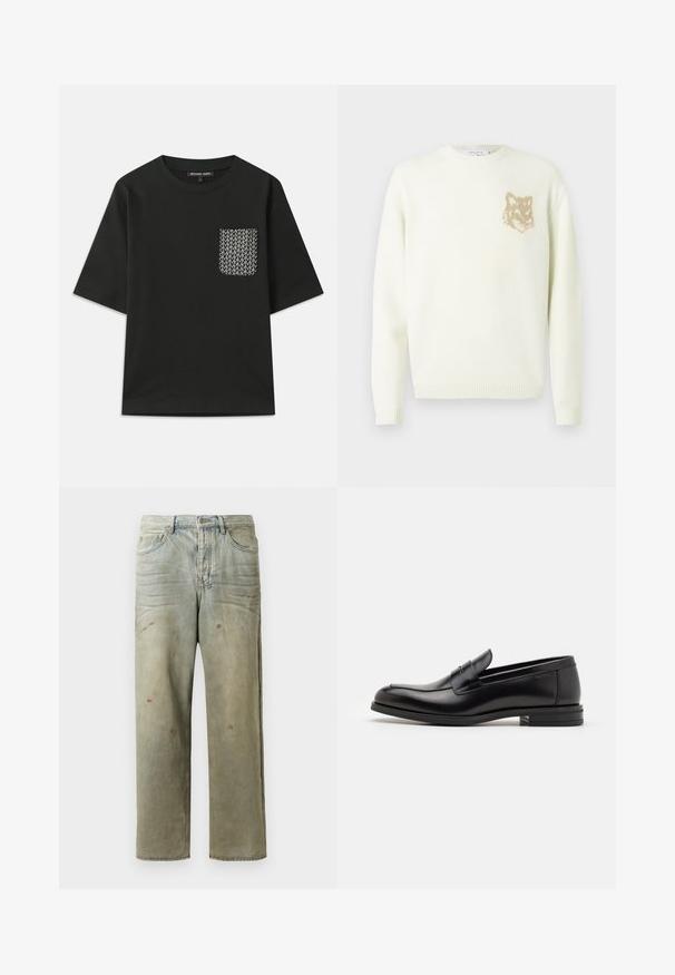 Cremefarvet crewneck sweater med lange ærmer og et lille beige rævehovedgrafik på venstre bryst, ribbede manchetter og kant.; Sort bomulds t-shirt med rund halsudskæring og korte ærmer. Har en mønstret lomme på venstre side med hvide geometriske designs.; Slidte denimjeans i lysegrøn med lige ben, femlommerdesign og ujævn falming med malersplatter.; Sorte læderloafers med en glat overflade, rund tå og en dekorativ strop over vampen. Lav hæl med stabeldesign, minimalistisk stil.