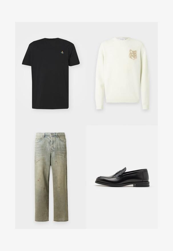 Pulover crem cu guler rotund, cu maneci lungi și un mic grafic cu cap de vulpe bej pe pieptul stâng, cu mansete și tiv din material ribat.; Tricou negru din bumbac, cu guler rotund, mâneci scurte și un mic design brodat colorat în zona stângă a pieptului.; Jeans din denim uzat, de culoare verde deschis, cu un croi drept, design cu cinci buzunare, și decolorare inegală cu stropi de vopsea.; Mocasini din piele neagră cu o textură netedă, vârf rotund și o curea decorativă peste partea superioară. Toc mic, design minimalist.
