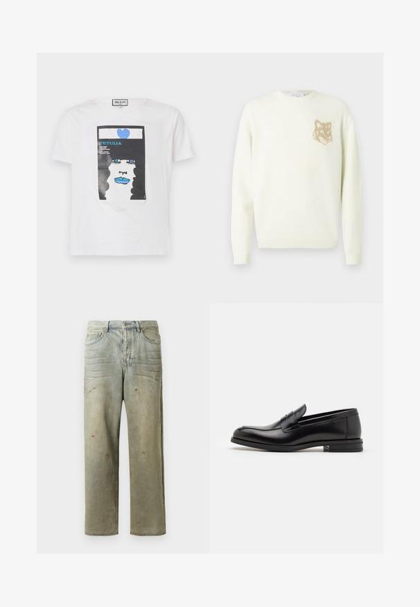 Világos krém színű crewneck pulóver hosszú ujjakkal, bal mellrészen egy kis bézs színű rókafej grafikával, bordás mandzsettákkal és aljjal.; Fehér pamut póló, fekete göndör hajú arc grafikai nyomattal, kék ajkakkal és kék szívvel, szöveges elemekkel kiegészítve.; Fakó zöld, kopott farmerszadrág, egyenes lábbal, ötk zsebes kialakítással, egyenetlen kopással és festékcseppekkel.; Fekete bőr loaferek sima textúrával, kerek orral és dekoratív pánttal a vampnál. Alacsony, rétegelt sarkú, minimalista dizájn.