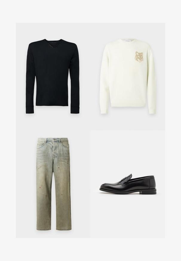 Krémový sveter s okrúhlym výstrihom, dlhými rukávmi a malou béžovou grafikou líšky na ľavej hrudi, s rebrovanými manžetami a lemovaním.; Čierna dlhá rukávová košeľa z mäkkej tkaniny s okrúhlym výstrihom a piatimi dekoračnými gombíkmi na ľavom pleci a rebrovanými manžetami.; Zničené džínsy vo svetlozelenej farbe s rovnými nohavicami, piatimi vreckami a nerovnomerným vyblednutím so škvrnami od farby.; Čierne kožené mokasíny s hladkou textúrou, zaoblenou špičkou a dekoračným pásikom cez priehlavok. Nízky vrstvený opätok, minimalistický dizajn.