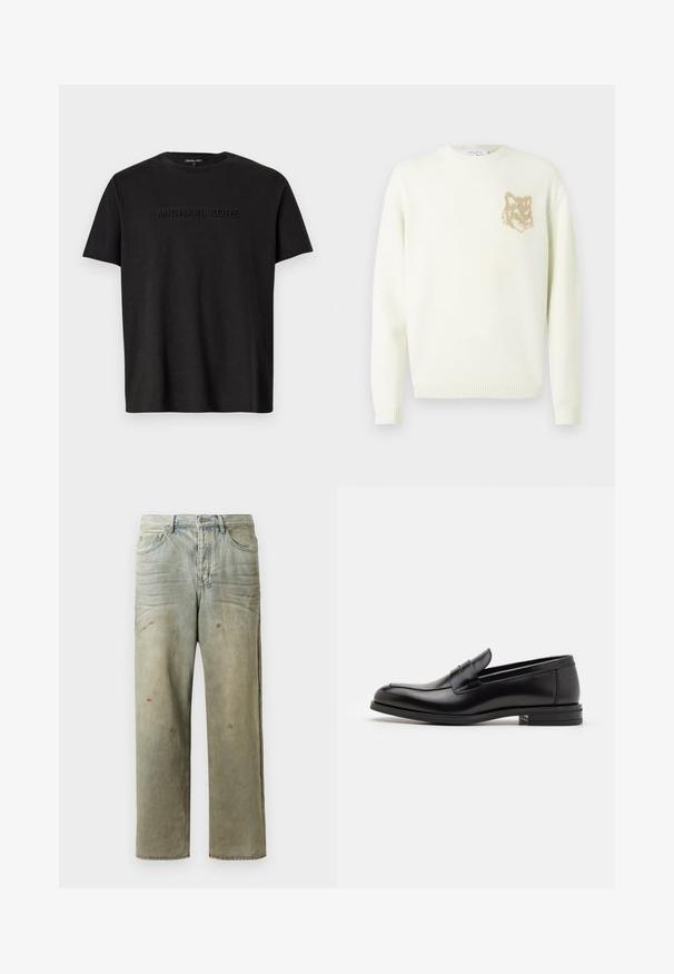 Kremowy sweter z okrągłym dekoltem, z długimi rękawami oraz małą grafiką beżowej głowy lisa po lewej stronie klatki piersiowej, z ribbowanymi mankietami i dołem.; Czarny bawełniany t-shirt z krótkim rękawem, z subtelnie wytłoczonym logo "MICHAEL KORS" na piersi oraz klasycznym okrągłym dekoltem.; Zniszczone dżinsy w jasnym zielonym kolorze, z prostymi nogawkami, pięcioma kieszeniami oraz nierównomiernym blaknięciem i plamami farby.; Czarne skórzane mokasyny o gładkiej fakturze, zaokrąglonym nosku i dekoracyjnym pasku na przodzie. Niski, warstwowy obcas, minimalistyczny design.