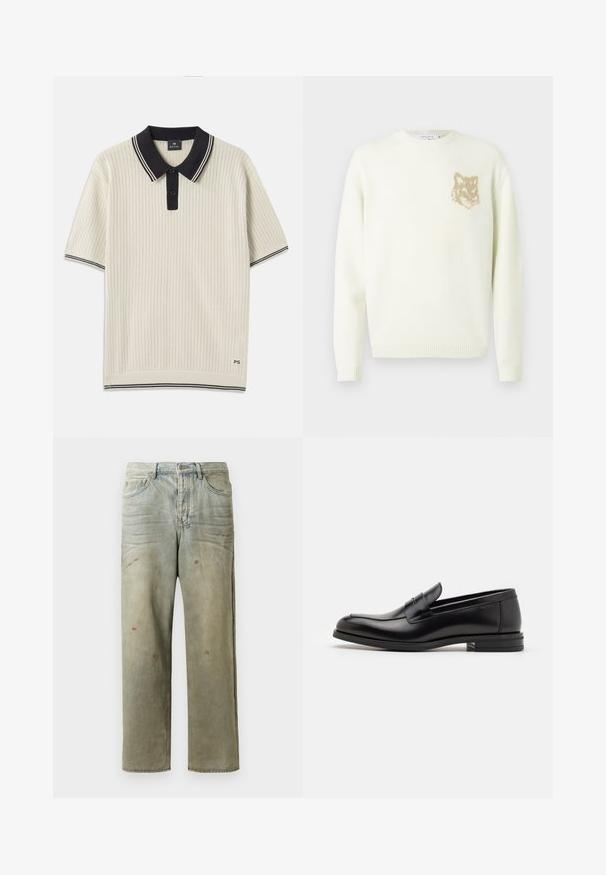 Krémový svetr s kulatým výstřihem a dlouhými rukávy, s malou béžovou grafikou hlavy lišky na levé straně hrudníku, s žebrovanými manžetami a spodním lemem.; Pánská polokošile s krátkým rukávem v krémové barvě s texturovaným vzorem, černým límcem a légou a kontrastními pruhy. Logo na lemu.; Odstřižené džíny v světle zelené barvě, se rovnými nohavicemi, pěti kapsami a nerovnoměrným vyblednutím s barevnými skvrnami.; Černé kožené polobotky s hladkou texturou, zaoblenou špičkou a zdobným páskem přes nárt. Nízký stohovaný podpatek, minimalistický design.