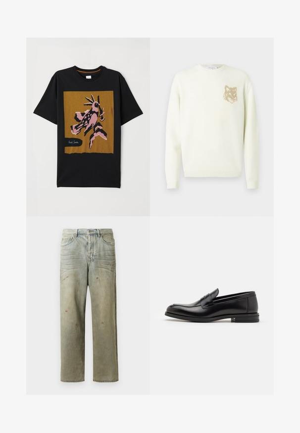 Cremefarvet crewneck sweater med lange ærmer og et lille beige rævehovedgrafik på venstre bryst, ribbede manchetter og kant.; Sort bomulds T-shirt har et stort, abstrakt grafisk motiv af en pink og brun fugl på en gylden firkant, med "Paul Smith" logo i hvid.; Slidte denimjeans i lysegrøn med lige ben, femlommerdesign og ujævn falming med malersplatter.; Sorte læderloafers med en glat overflade, rund tå og en dekorativ strop over vampen. Lav hæl med stabeldesign, minimalistisk stil.