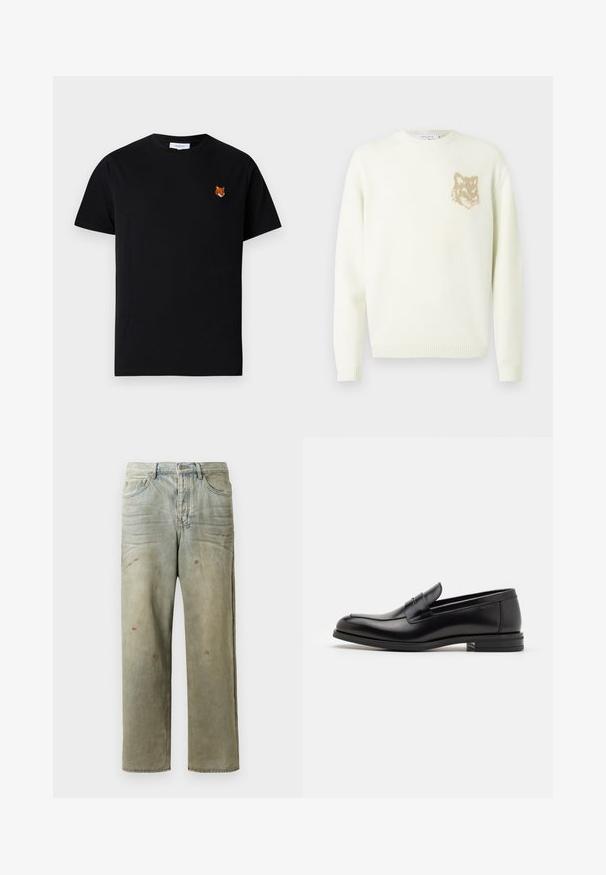 Kreemist värvi ümarakaelusega sviiter pika varrukaga, vasakul rinnal väikese beeži rebasespea graafikuga, soonikkoes varrukate ja äärtega.; Must musta T-särk, mille vasakul rinnal on väike tikitud rebasepea, lühikesed varrukad ja ümar kaelus.; Karmiinroheline kulunud denim teksapüksid, millel on sirge jalg, viie taskuga disain ning ebaühtlane pleekimine koos värvikrõpsudega.; Mustad mustad nahast loafers sileda tekstuuriga, ümarat ninaosa ja dekoratiivne riba vampi üle. Madal kihiline konts, minimalistlik disain.