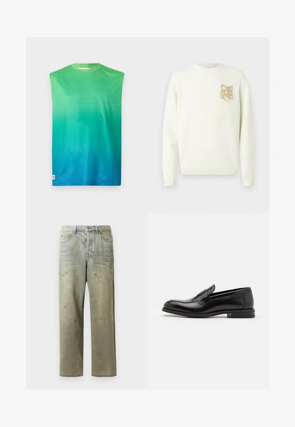 Világos krém színű crewneck pulóver hosszú ujjakkal, bal mellrészen egy kis bézs színű rókafej grafikával, bordás mandzsettákkal és aljjal.; Ujjatlan póló zöldről kékre fokozatos átmenetben. Simább anyagból készült, klasszikus kerek nyakkivágással és látható fémrész nélkül.; Fakó zöld, kopott farmerszadrág, egyenes lábbal, ötk zsebes kialakítással, egyenetlen kopással és festékcseppekkel.; Fekete bőr loaferek sima textúrával, kerek orral és dekoratív pánttal a vampnál. Alacsony, rétegelt sarkú, minimalista dizájn.