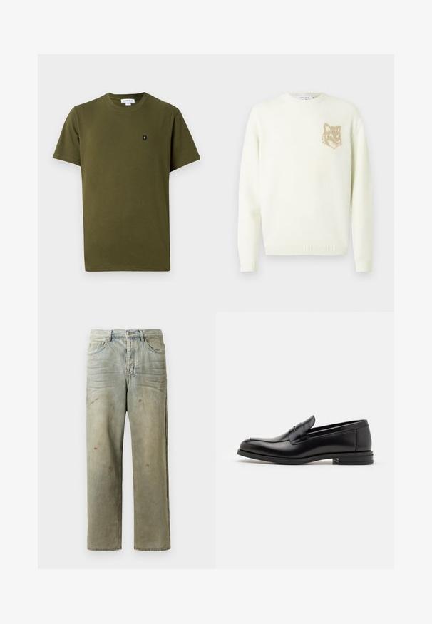 Cremefarvet crewneck sweater med lange ærmer og et lille beige rævehovedgrafik på venstre bryst, ribbede manchetter og kant.; Oliven grøn bomuld t-shirt med rund halsudskæring og korte ærmer. Har et lille sort emblem på venstre brystområde. Ensartet struktur.; Slidte denimjeans i lysegrøn med lige ben, femlommerdesign og ujævn falming med malersplatter.; Sorte læderloafers med en glat overflade, rund tå og en dekorativ strop over vampen. Lav hæl med stabeldesign, minimalistisk stil.