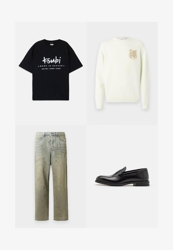 Kreemist värvi ümarakaelusega sviiter pika varrukaga, vasakul rinnal väikese beeži rebasespea graafikuga, soonikkoes varrukate ja äärtega.; Must musta T-särk lõdva lõikega. Ees on valge graafiline tekst "ksubi" ja "MADE IN HEAVEN" koos linna nimedega all. Klassikaline ümmargune kaelus.; Karmiinroheline kulunud denim teksapüksid, millel on sirge jalg, viie taskuga disain ning ebaühtlane pleekimine koos värvikrõpsudega.; Mustad mustad nahast loafers sileda tekstuuriga, ümarat ninaosa ja dekoratiivne riba vampi üle. Madal kihiline konts, minimalistlik disain.