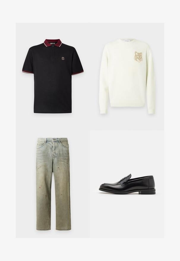 Cream crewneck sweater with long sleeves and small beige fox head graphic on the left chest, ribbed cuffs and hem.; Black polo shirt with a maroon collar featuring white stripes. Small embroidered logo on the chest. Short sleeves, classic fit, cotton material.; Distressed denim jeans in light green, featuring a straight leg, five-pocket design, and uneven fading with paint splatters.; Black leather loafers with a smooth texture, rounded toe, and a decorative strap across the vamp. Low stacked heel, minimalist design.